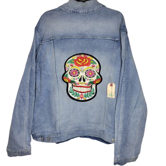 Beth's Addiction Sugar Skull Embroidered Denim Jacket Upcycled X-Large - Picture 1 of 6